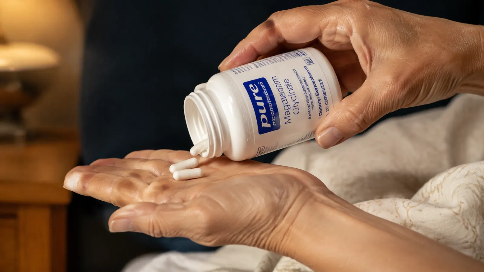 Hand holding two small white magnesium glycinate capsules above an open palm, soft evening light