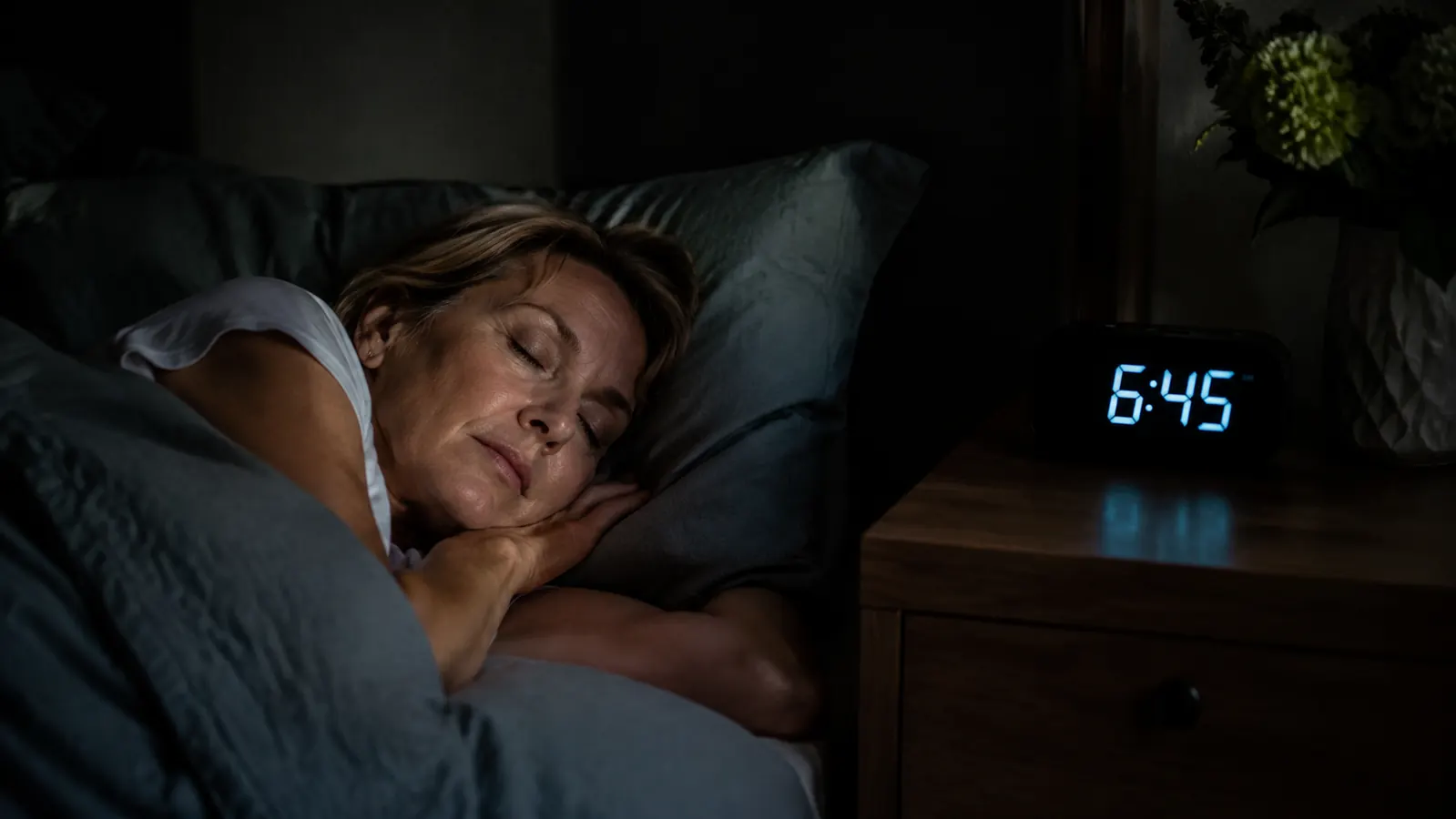 Woman sleeping peacefully in a dark bedroom, alarm clock showing 6:45 a.m. on the nightstand