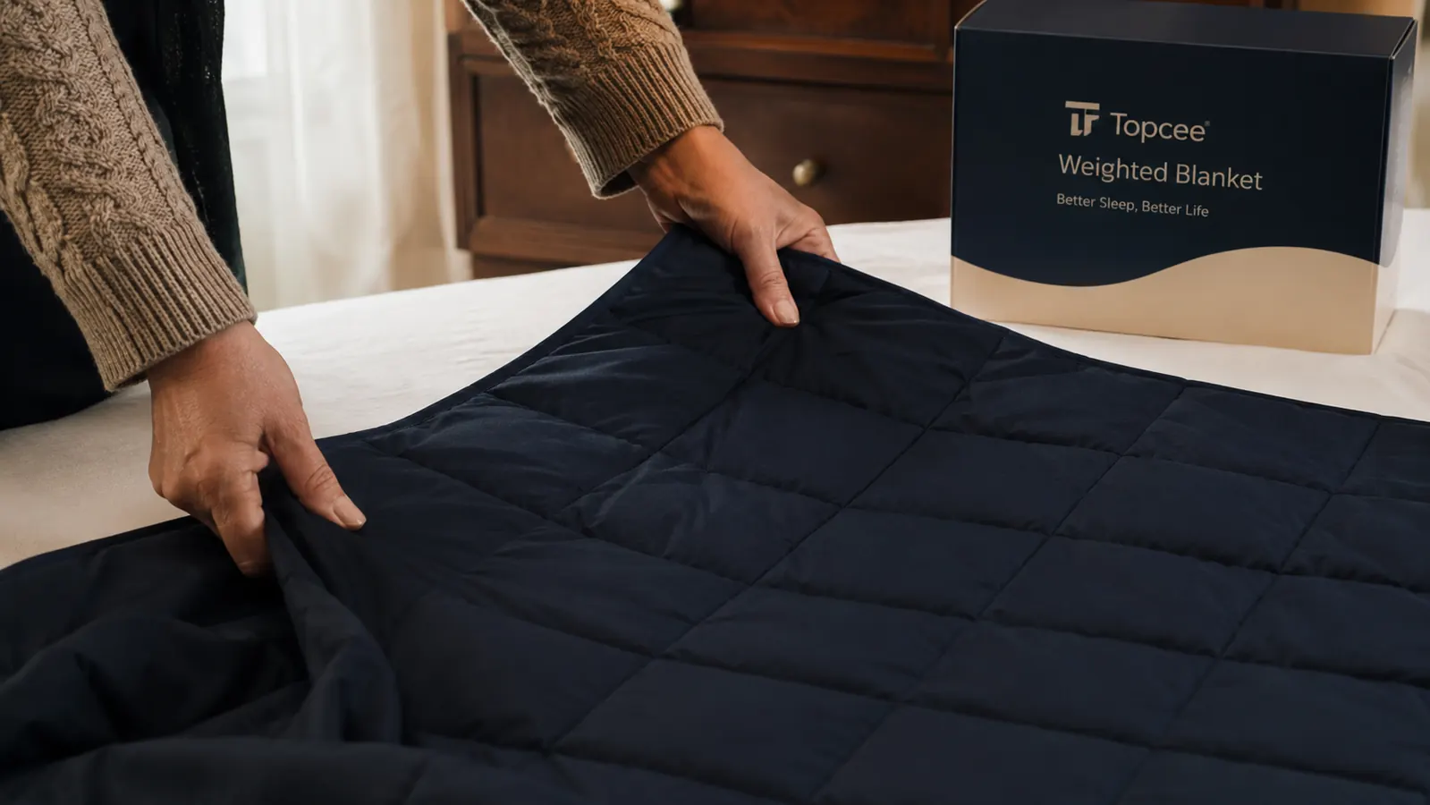 Hands smoothing the textured cooling fabric of the Topcee weighted blanket on a bed