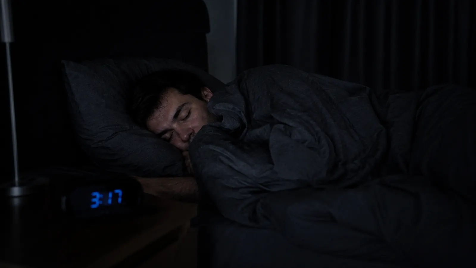 Person sleeping on their side under a weighted blanket, dark and quiet bedroom