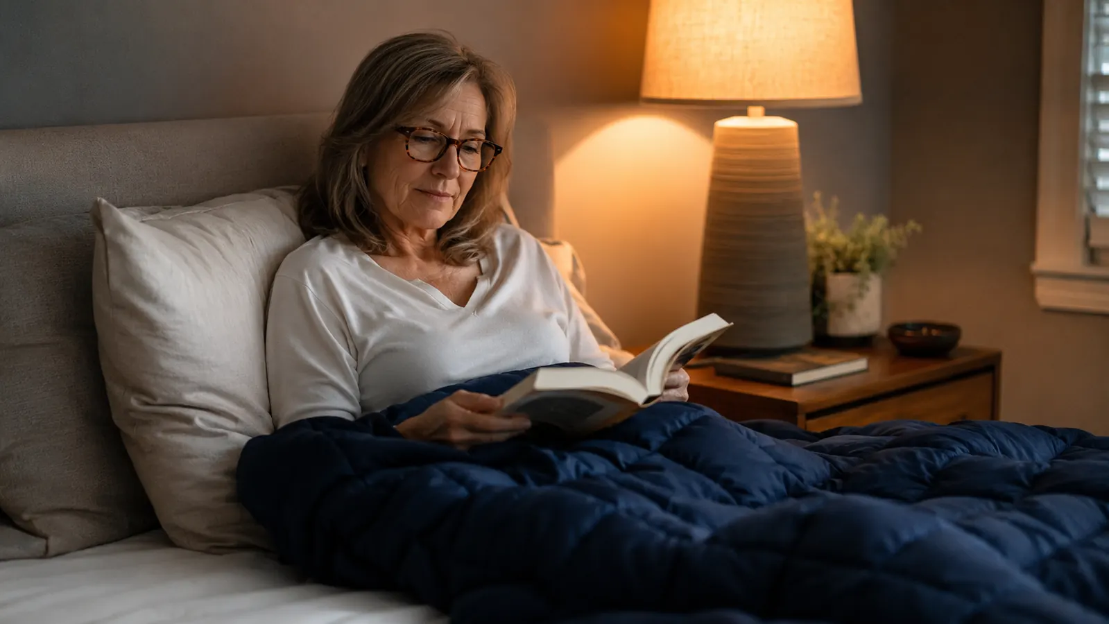 Woman reading in bed under a navy weighted blanket, warm lamp light, calm bedroom