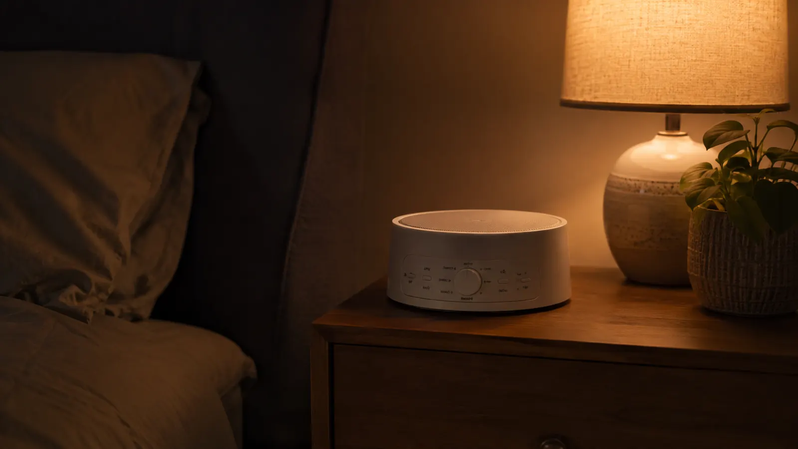 Yogasleep Dohm white noise machine on a nightstand next to a dim lamp in a dark bedroom