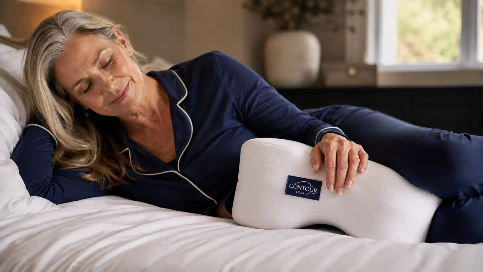 Side view of the Contour Legacy knee pillow showing the hourglass cutout and textured polyester cover