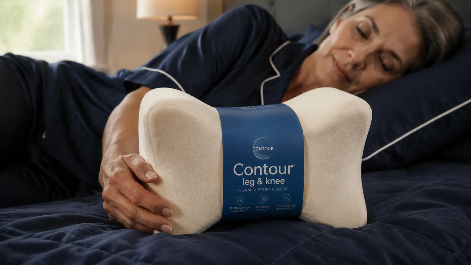 Close-up of the Contour Legacy pillow foam surface showing the hourglass cutout and soft cover fabric texture
