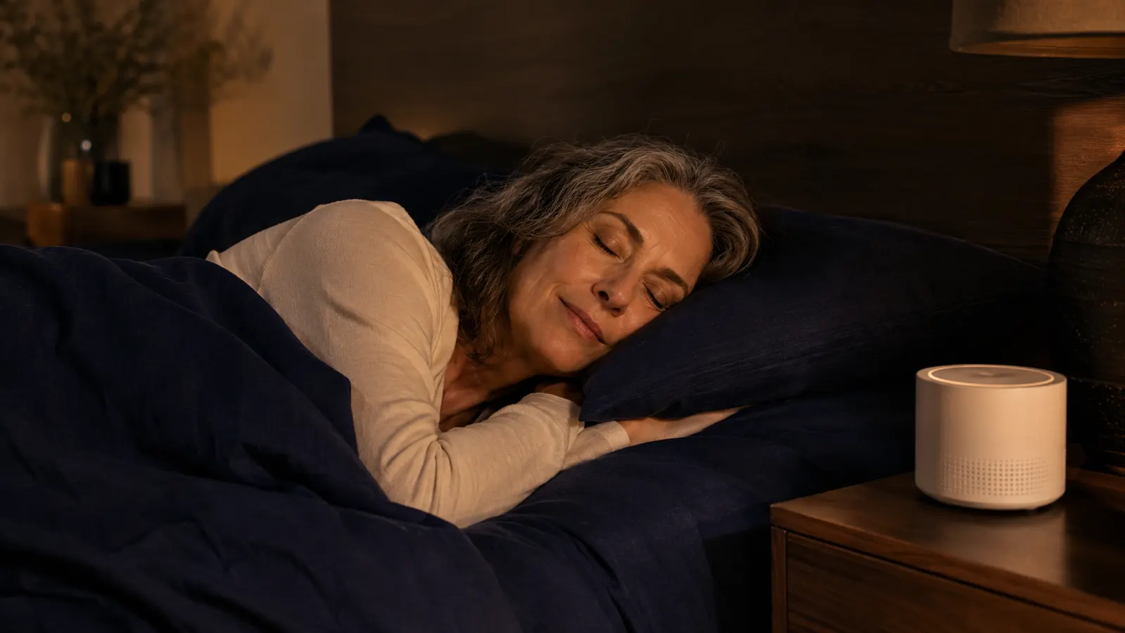 A woman in her late 50s sleeping peacefully in a softly lit bedroom in the dim blue light of early morning