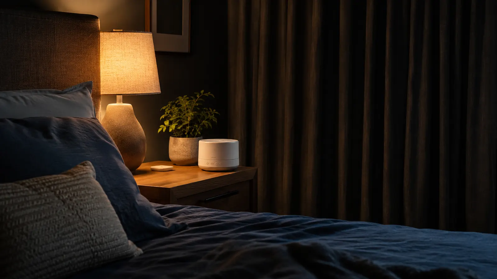 A quiet, softly lit bedroom with a white noise machine on the nightstand and blackout curtains drawn