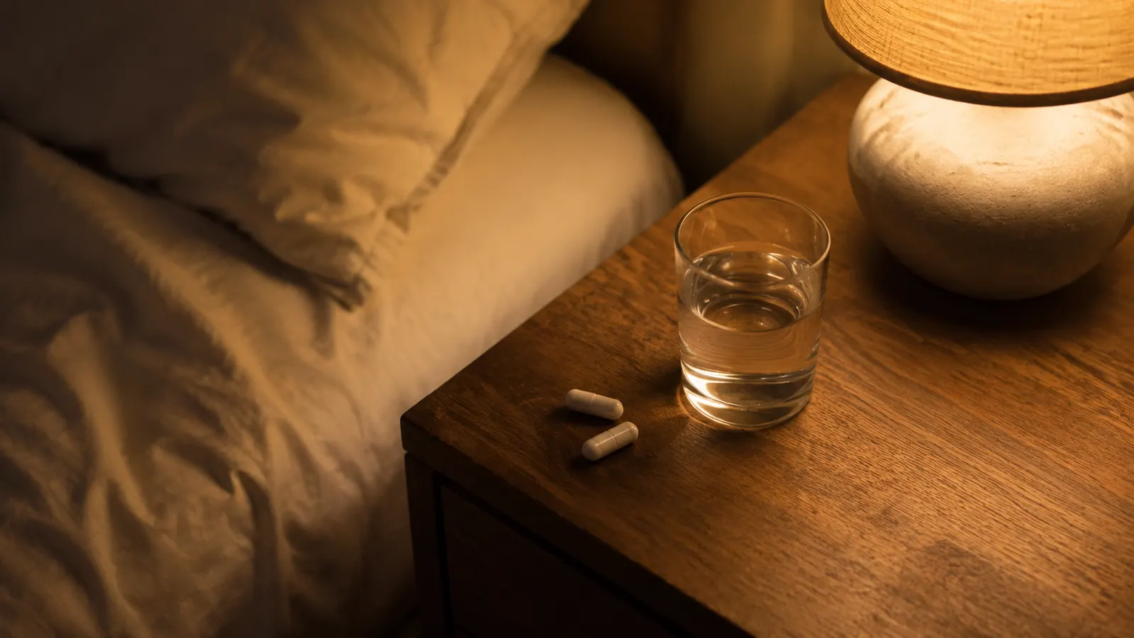 A glass of water and two white capsules on a wooden nightstand beside a lamp turned to low light, bedroom dark in the background