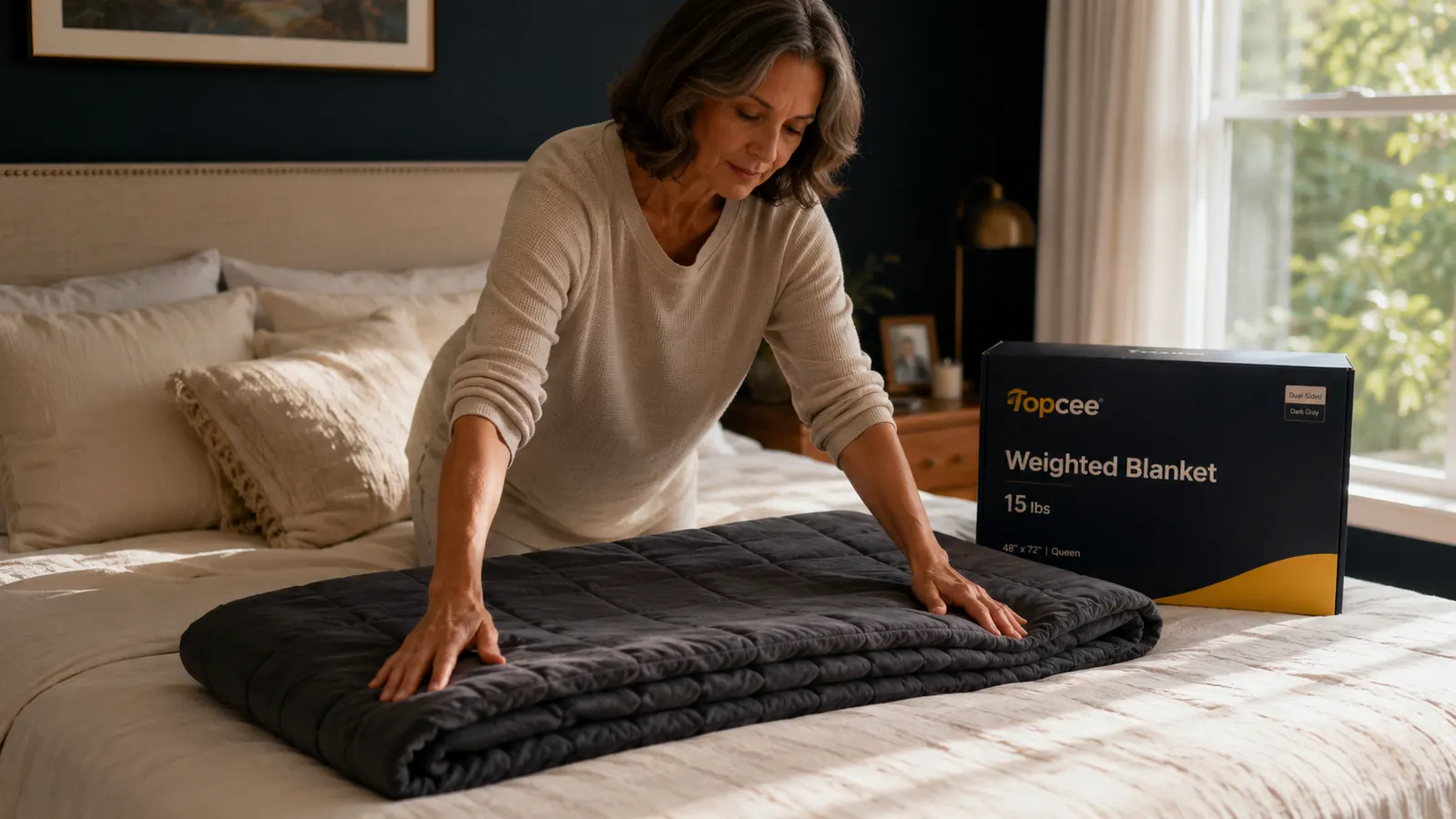 Weighted blanket draped over the foot of a made bed showing its size relative to a queen mattress