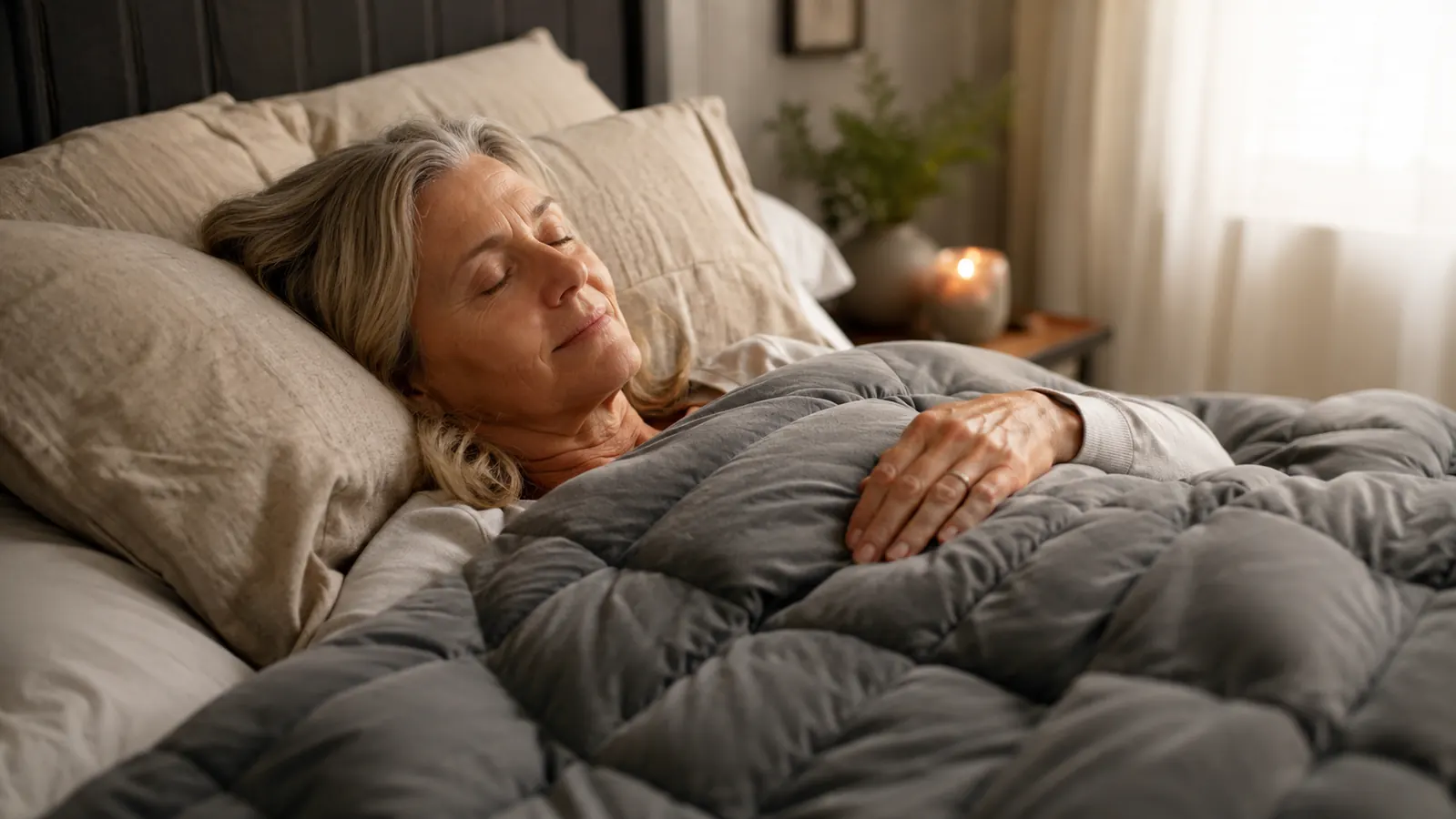 Woman relaxing in bed under a heavy gray weighted blanket with soft morning light coming through sheer curtains