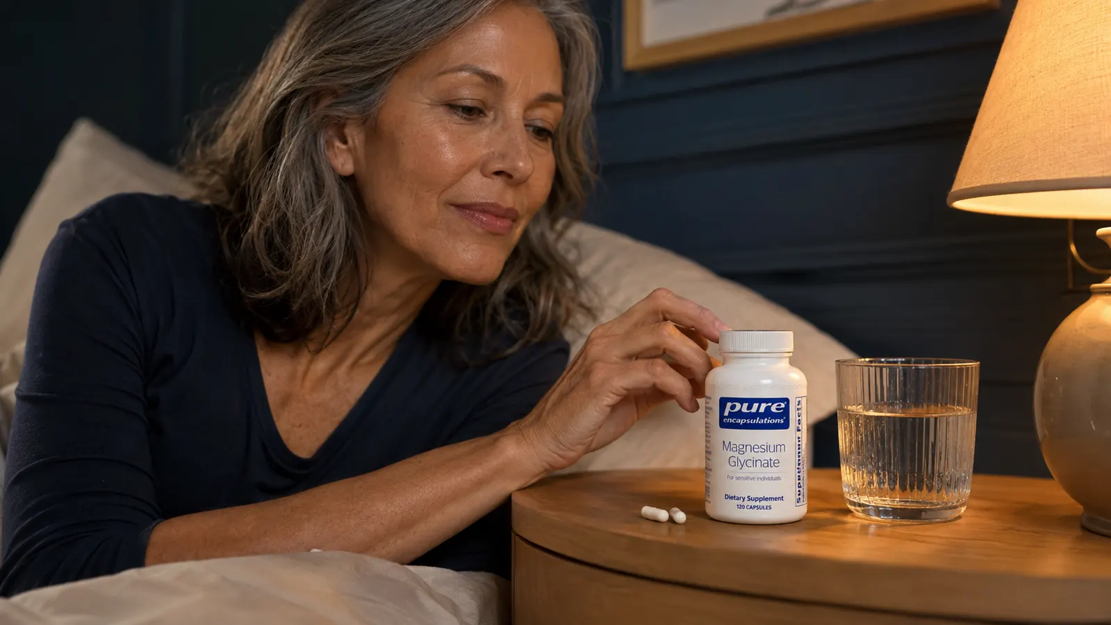 Two magnesium glycinate capsules next to a glass of water on a wooden nightstand with a dim lamp in the background
