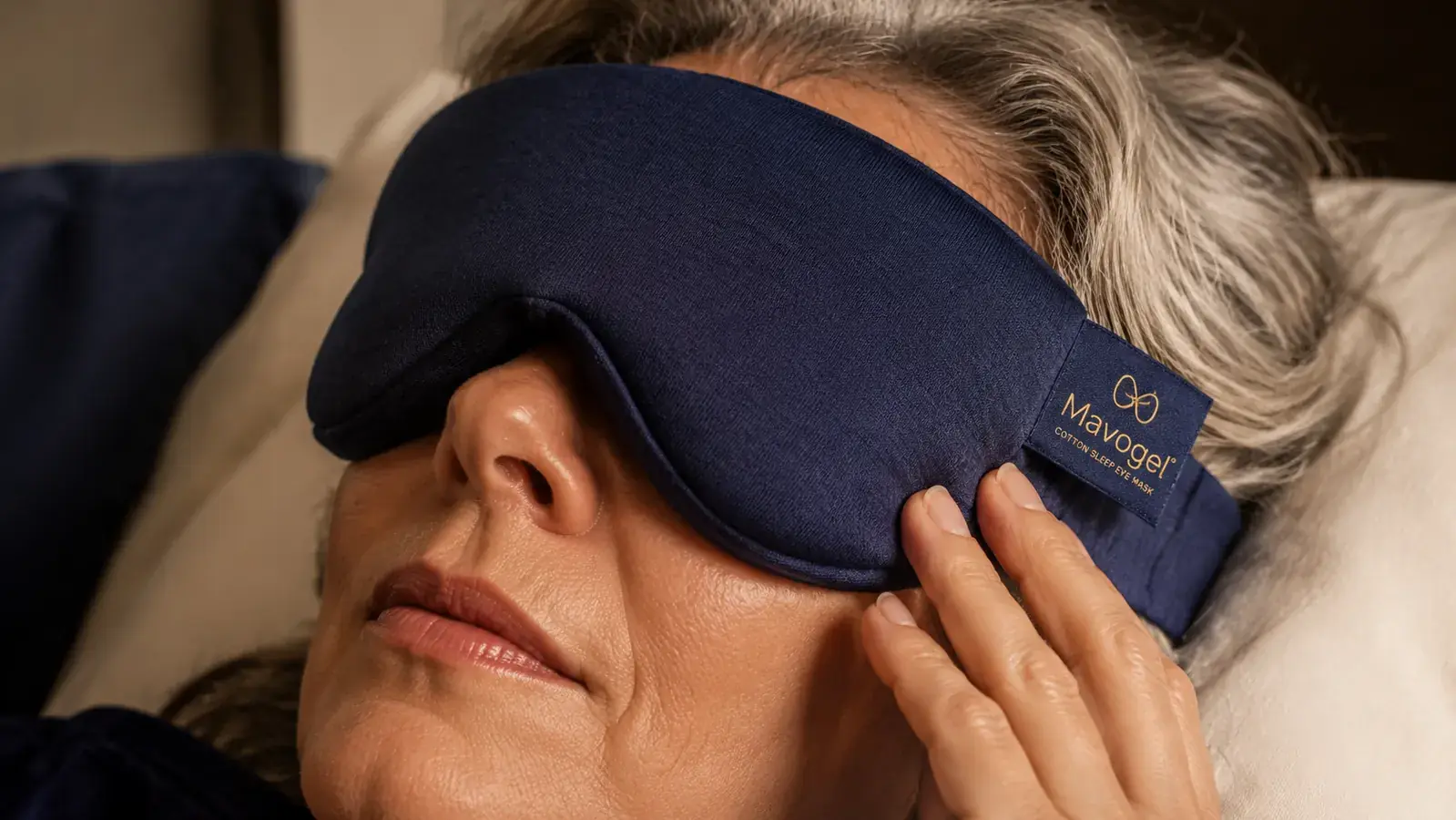 Close-up of the Mavogel cotton sleep mask nose bridge area showing the contoured fit design