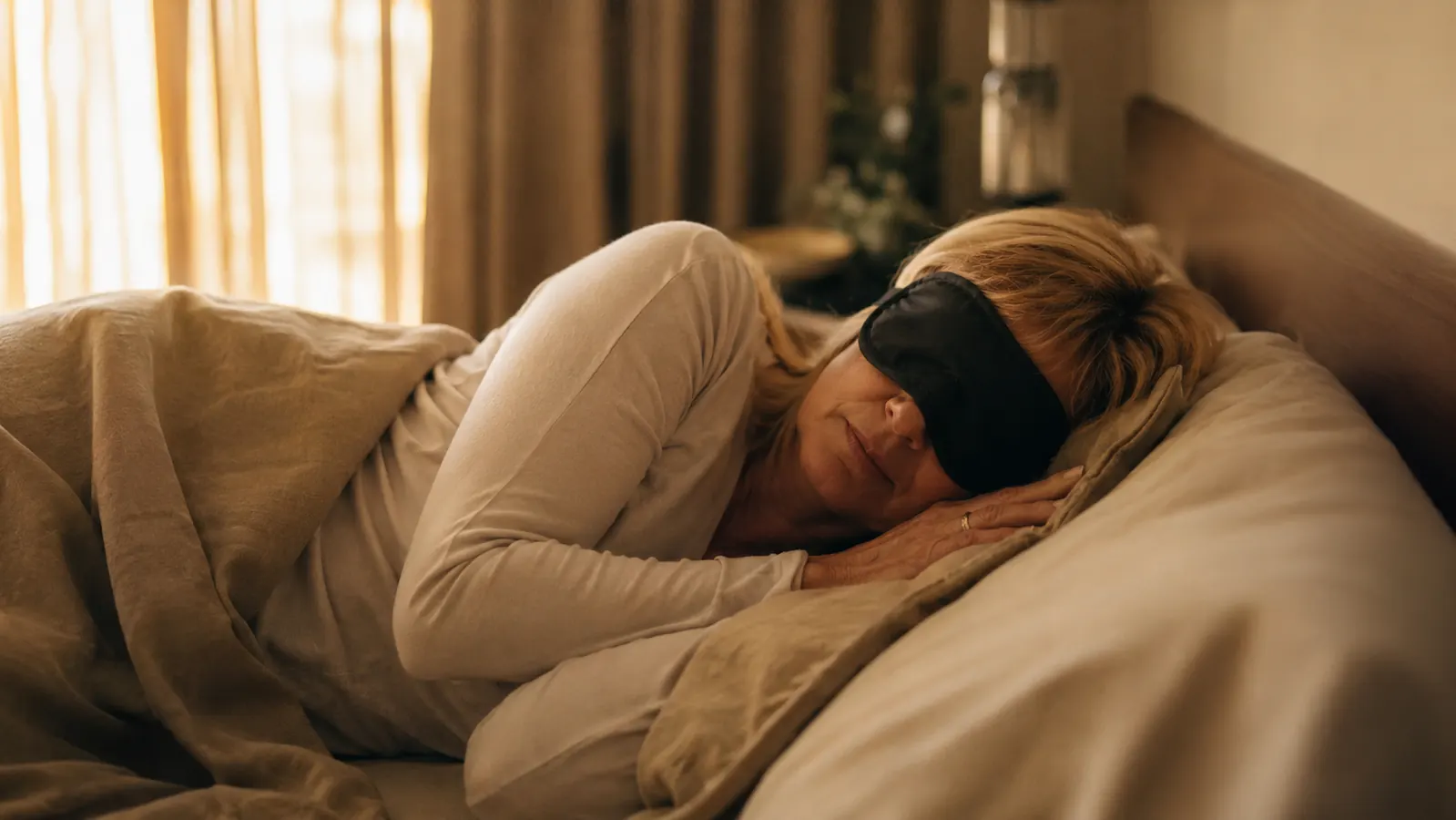 Woman in her late 50s lying on her side in bed, wearing a dark sleep mask, morning light coming through curtains behind her