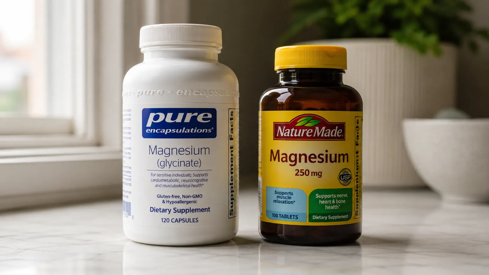 Pure Encapsulations Magnesium Glycinate bottle standing next to a cheaper generic magnesium bottle on a white kitchen counter, price tags visible