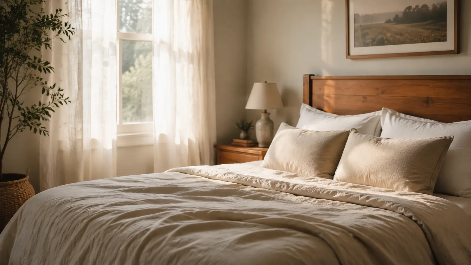 Peaceful bedroom scene with morning light filtering through curtains, neatly made bed, suggesting a good night of rest