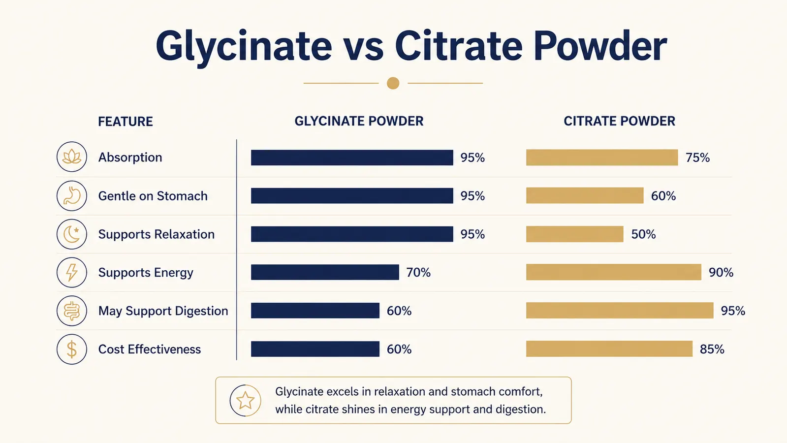 Comparison chart of magnesium glycinate capsules versus Calm powder on six criteria: convenience, stomach tolerance, dosage control, cost per serving, portability, and third-party testing