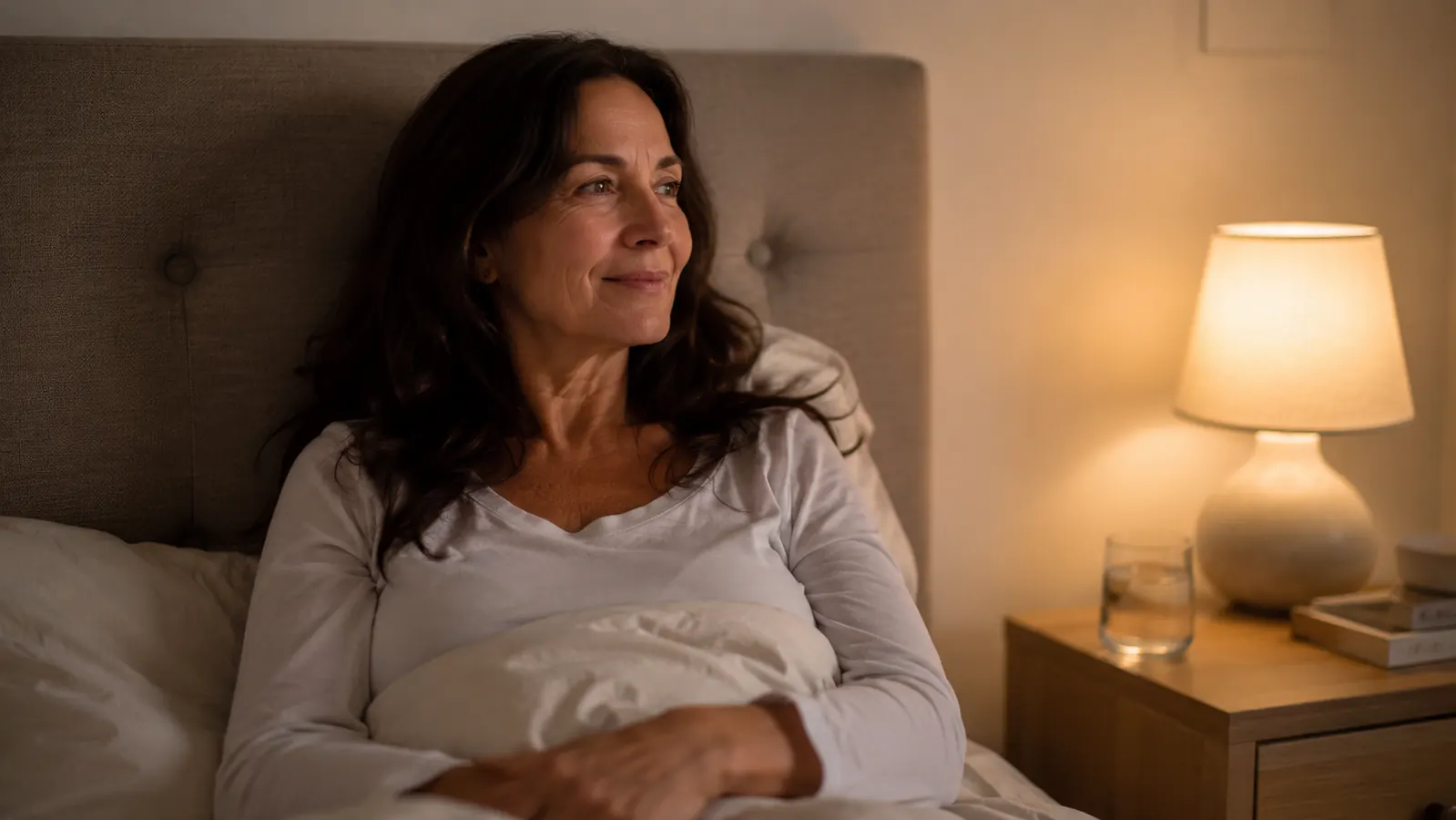 Woman sitting up in bed reading, glass of water on the nightstand, relaxed evening routine scene