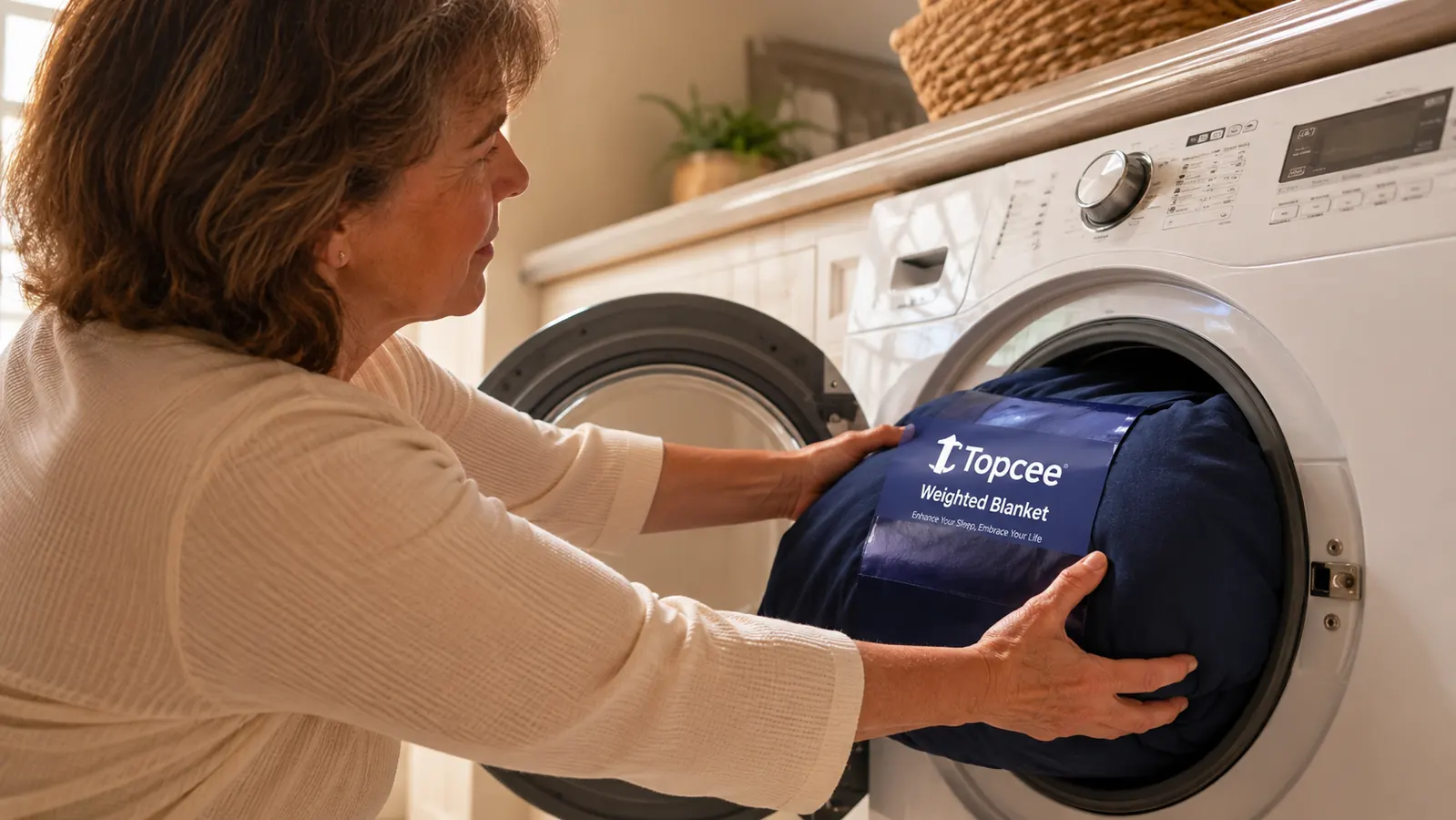 Weighted blanket being loaded into a large front-load washing machine drum