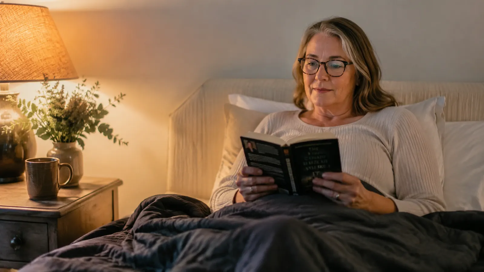 Woman reading in bed with a weighted blanket draped over her lap, bedside lamp on, relaxed evening mood