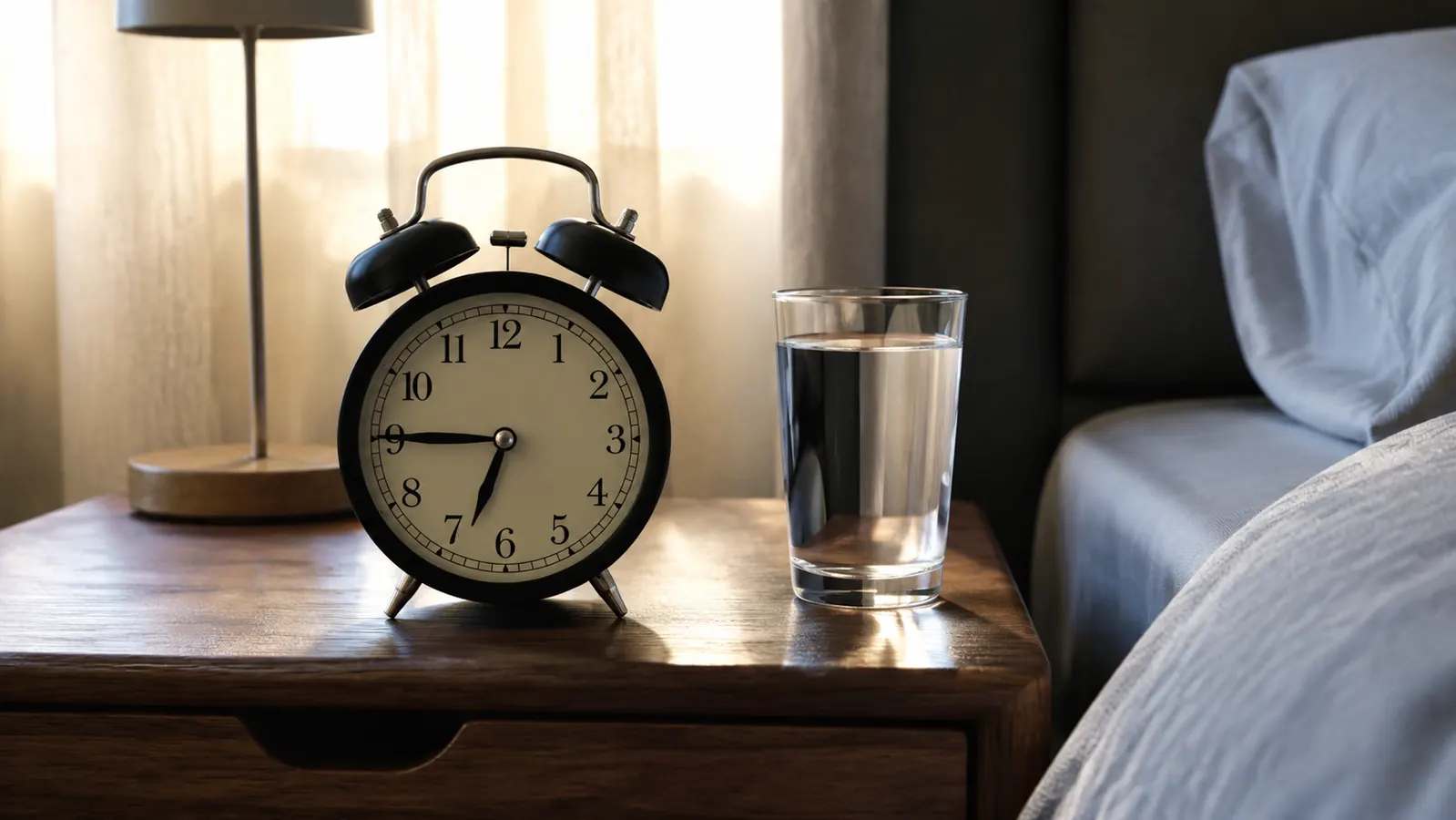 Alarm clock reading 6:45 a.m. on a nightstand next to an untouched glass of water, suggesting the sleeper never woke in the night