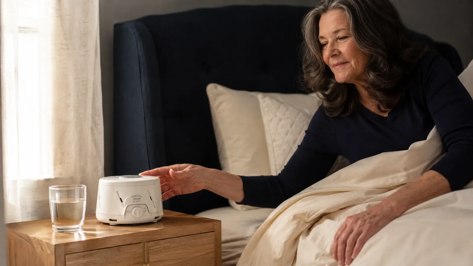 Close-up of the Yogasleep Dohm Classic white noise machine on a wooden nightstand next to a glass of water
