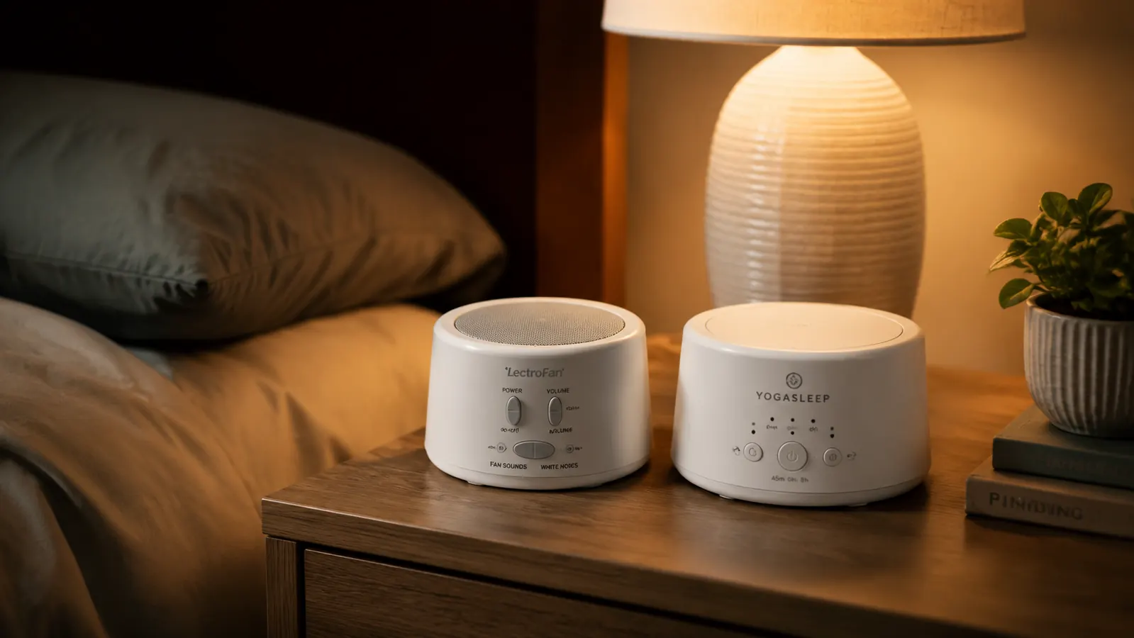 Two white noise machines side by side on a bedroom nightstand in soft evening light
